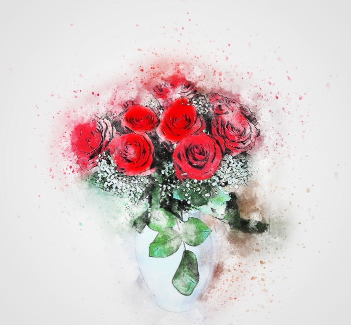 joli dessin en couleurs avec un vase bleu pastel et bouquet de fleurs rouges aux feuilles vertes, modèle de dessin de fleur