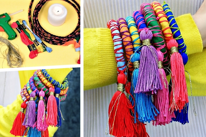 exemple de bijoux fait maison à design ethnique et coloré, modèle de bracelet coloré en fil avec déco tassels
