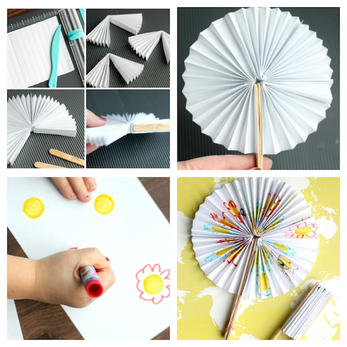 idée pour fabriquer un éventail en papier blanc décoré à motifs dessin enfant et des batonnets de glace pour manche