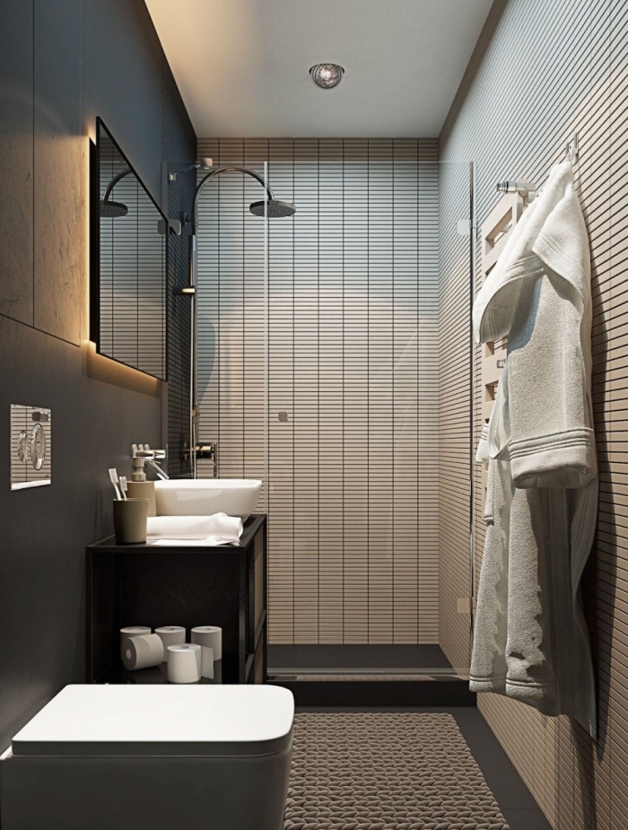 déco salle de bain aux murs foncés gris anthracite avec plafond blanc, meuble sous vasque noir avec rangement ouvert