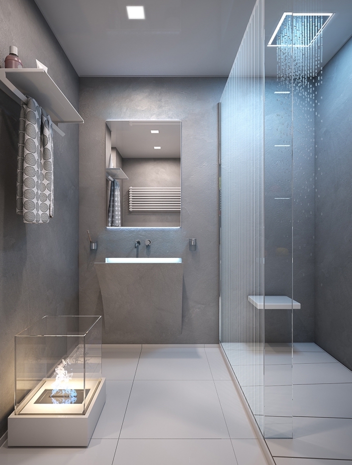 modèle salle de bain gris et blanc avec cabine de douche, exemple meuble rangement mural avec étagère, salle de bain grise
