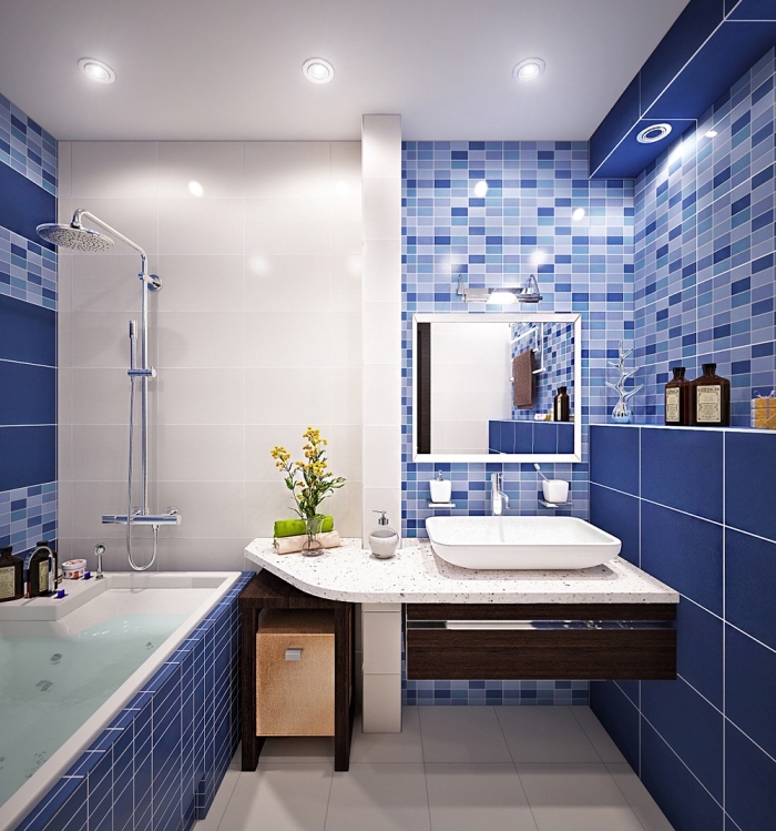 modele carrelage salle de bain en bleu marine et bleu claire combiné avec plafond et sol en carrelage blanc et comptoir granite blanc