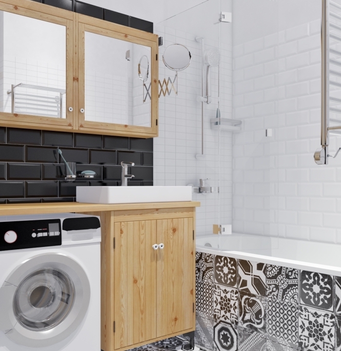 modèle de meuble salle de bain fonctionnel avec miroir à rangement de bois et verre, idée carrelage design carreaux de ciment en blanc et noir
