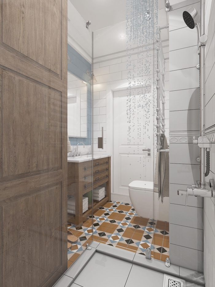 salle de bain tendance petit espace aux murs en carrelage blanc avec meuble sous vasque de bois foncé et comptoir blanc