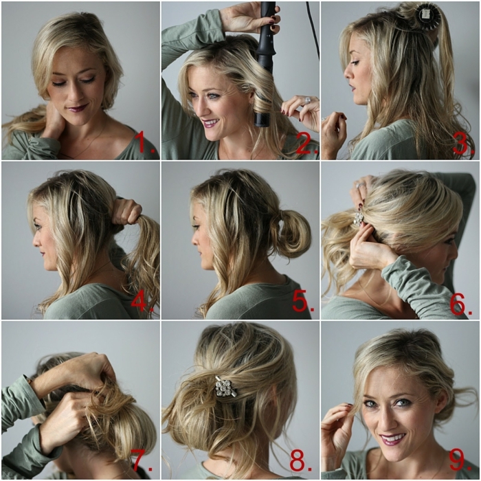 chignon-facile-sur-des-cheveux-longs-accessoirisé-avec-barrette-de-cheveux créer un chignon facile avec des cheveux longs bouclés avec le lisseur, accessoire blanc