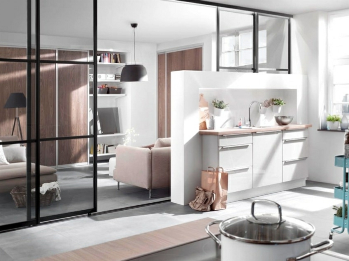 porte coulissante verriere séparant la cuisine du salon, équipement minimaliste, sofas rose pale