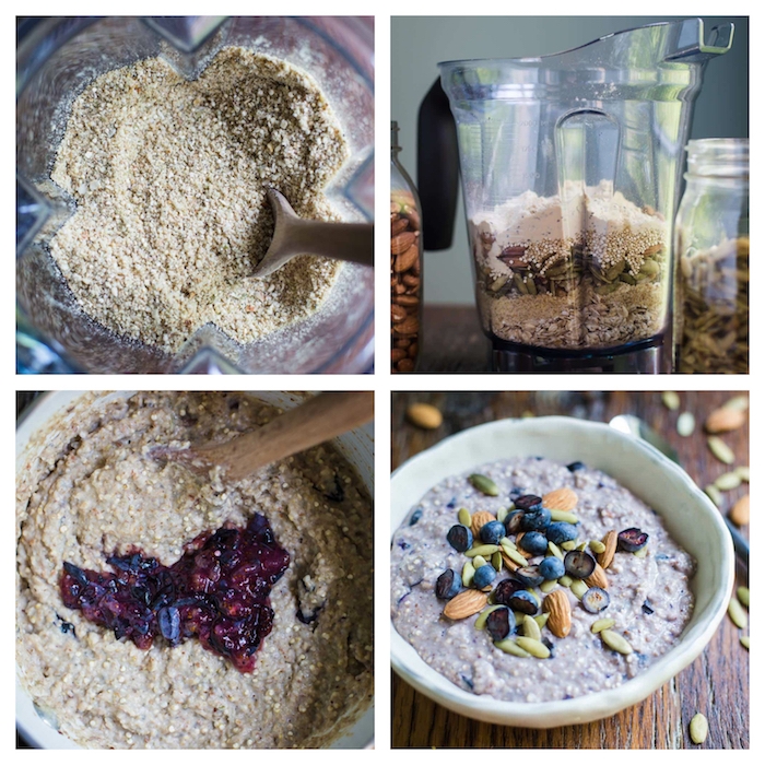 porridge aux flacons d avoines, quinoa, graines et noix avec du lait et des fruits rouges, petit déjeuner régime simple