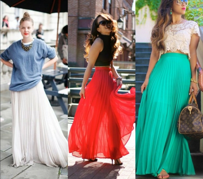 jupes plissées couleurs différentes, comment porter la jupe longue d'été, top fluide avec collier statement