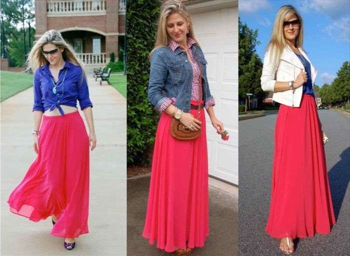longue jupe couleur corail, chemise denim ou veste blanche, façons de porter la longue jupe rose
