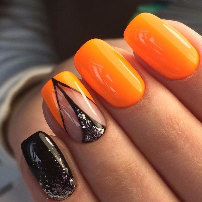 Motif ongle inspiration, quelle couleur choisir, ongle gel couleur, beauté ongles, orange et noir brillant design