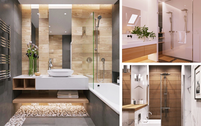 salle de bain italienne photos inspirants à design moderne, intérieur stylé aux murs en carrelage gris et revêtement en bois clair