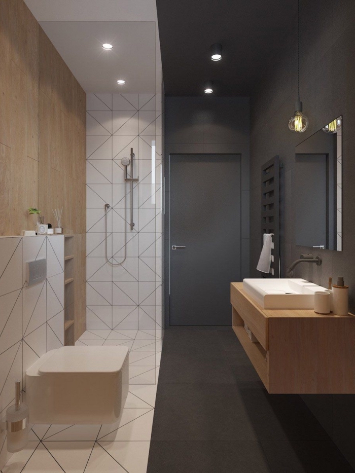 idée meuble petite salle de bain à design moderne avec mur en gris anthracite et pan de mur en carrelage blanc