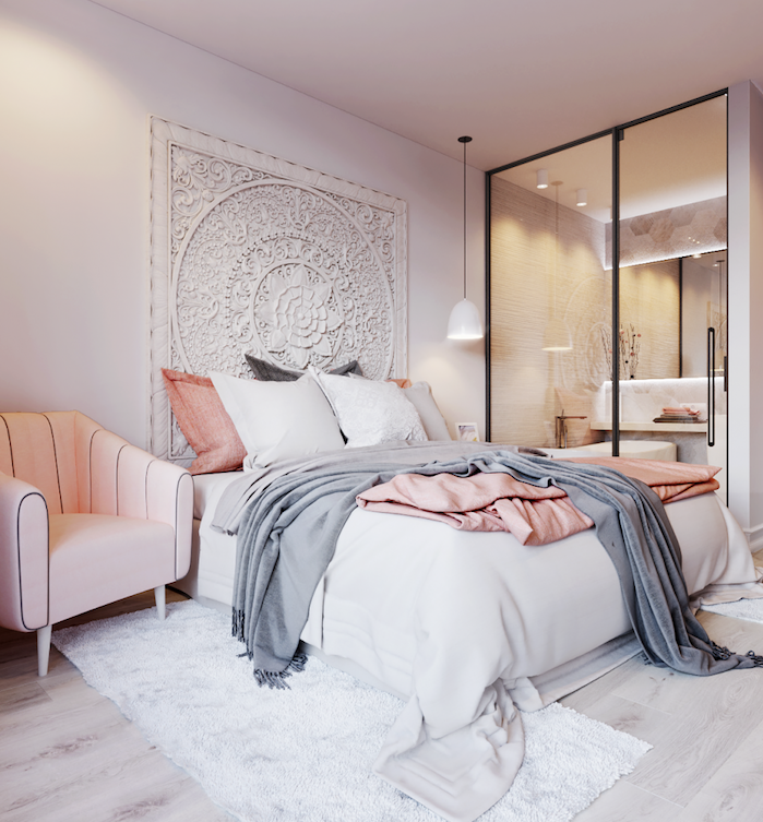 exemple de chambre rose poudré avec linge de lit rose et gris, tapis blanc, parquet clair, verriere industrielle