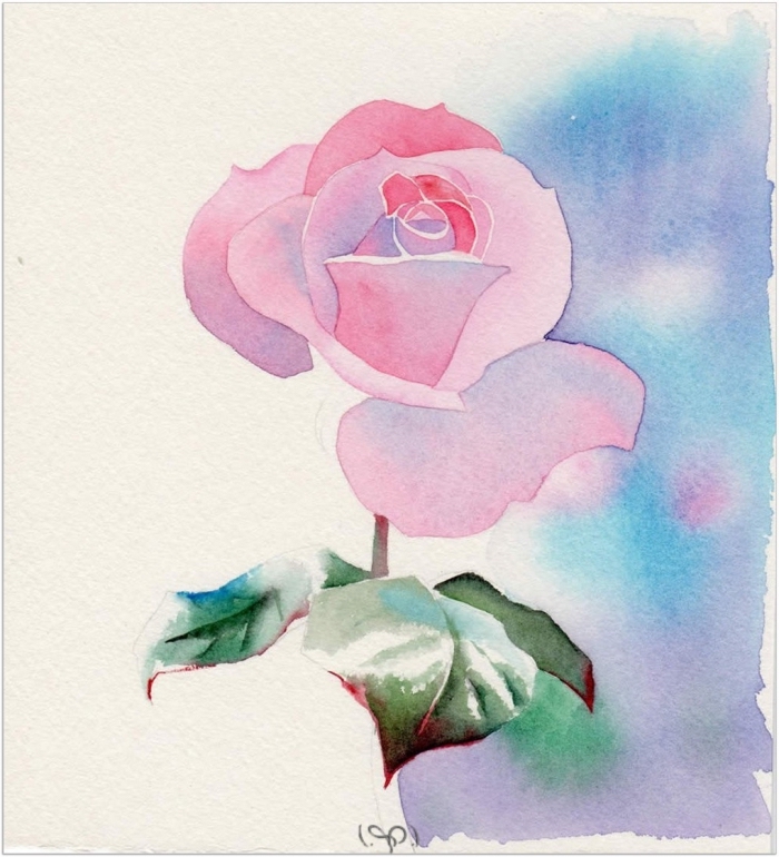 exemple de dessin de rose aux couleurs pastel, idée comment dessiner une rose ouverte aux feuilles vertes