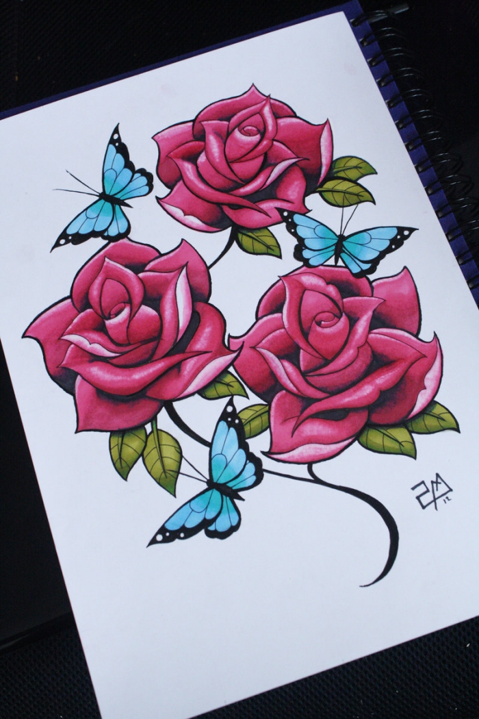 exemple de dessin fleur couleur, joli dessin de roses rouges aux feuilles vertes avec papillons bleus, modèle de dessin de fleur