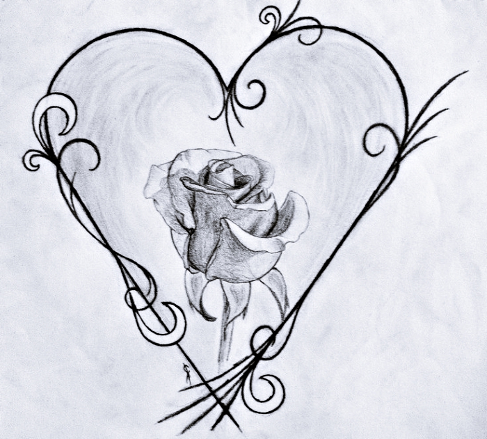 exemple de dessin fleur noir et blanc, idée comment faire un dessin original avec rose semi-ouverte au centre de coeur