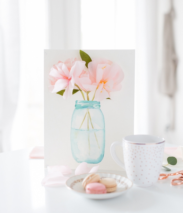 cadeau dessin 3d de vase de fleurs avec des pétales de fleurs en papier de soie rose, cadeau anniversaire femme diy