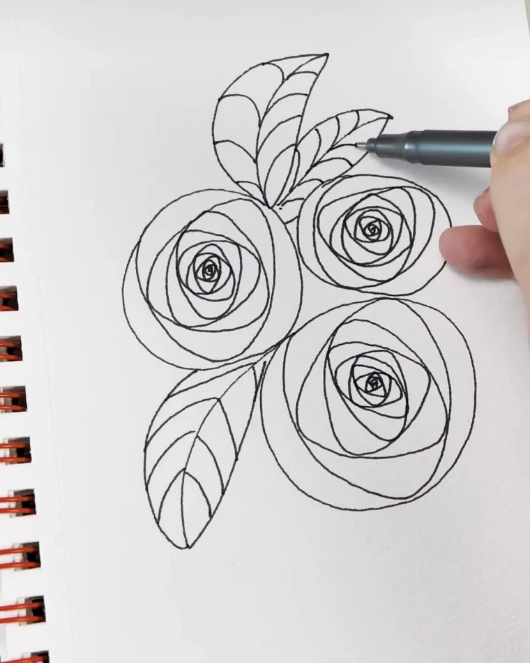 dessin rose ouvertes petales feuilles formes geometriques