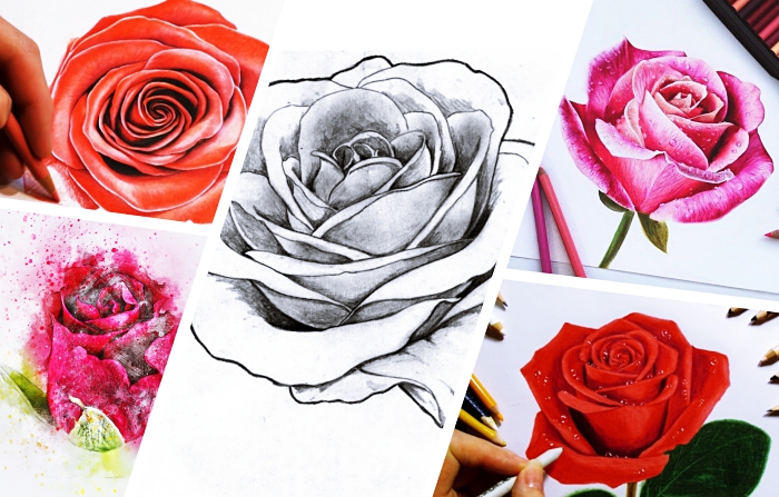 comment dessiner une rose blanc et noir ou en couleurs, technique dessin au crayon facile, modèle rose réaliste en couleurs
