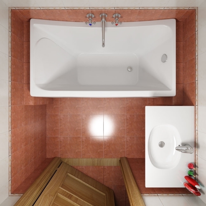 idée couleur salle de bain petit espace avec murs au carrelage blanc et carrelage marron au sol avec baignoire blanche