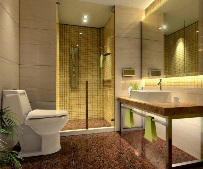 exemple comment aménager une salle de bain en couleurs neutres avec carrelage de sol marron et cabine de douche à mosaique