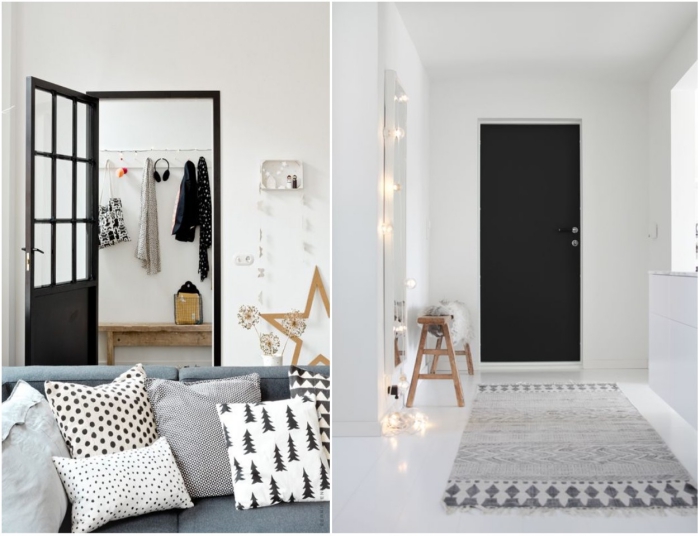 intérieur nordique en blanc et gris où la porte noire se fait déco, peinture porte noire pour un effet de profondeur