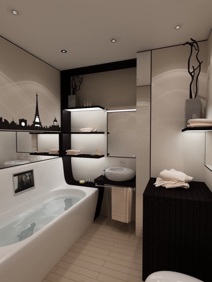 amenagement salle de bain petit espace avec rangement mural à design étagères d'angle noires avec éclairage