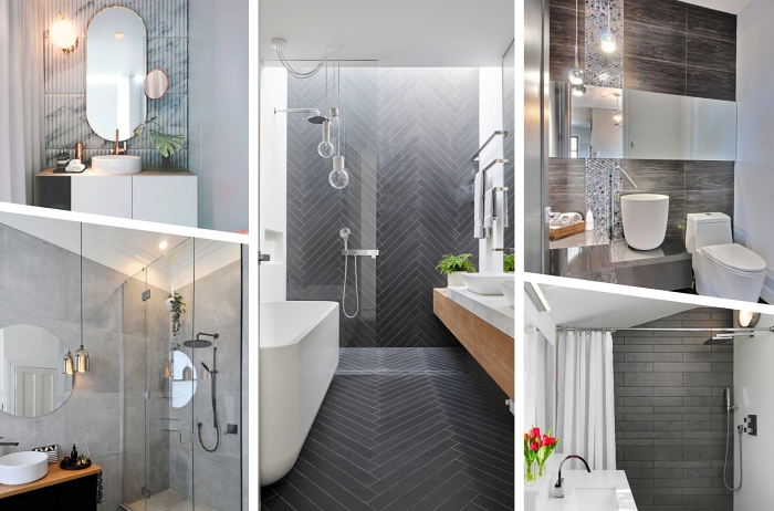 idée aménagement petite salle de bain en couleurs neutres avec carrelage à design marbre gris et blanc et objets à finition métal