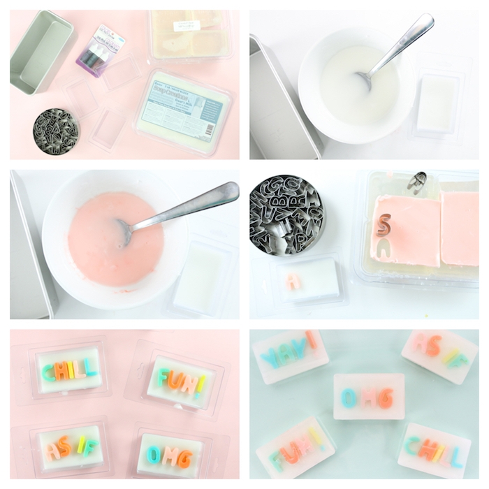 fabrication du savon en base de savon blanche colorée en rose avec des lettres de savon colorées
