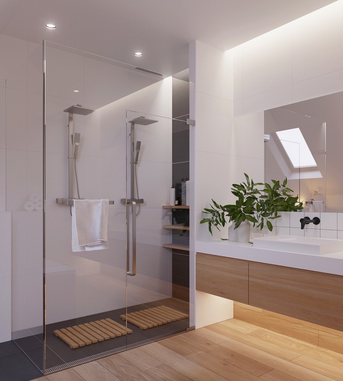 idée couleur salle de bain moderne aux murs et plafond blanc avec revêtement de plancher imitation bois et cabine de douche
