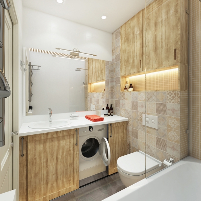 amenagement salle de bain petit espace au plafond et comptoir blancs avec carrelage beige et meubles sous vasque design bois