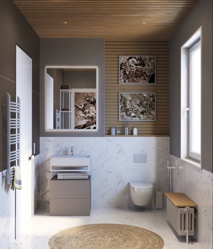 meuble petite salle de bain fonctionnel sans poignées sous vasque de couleur gris clair, modèle de tapis rond beige pour espace humide
