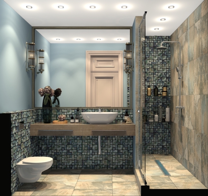 modele carrelage salle de bain en couleurs neutres à combiner avec une peinture murale en bleu pastel et plafond blanc