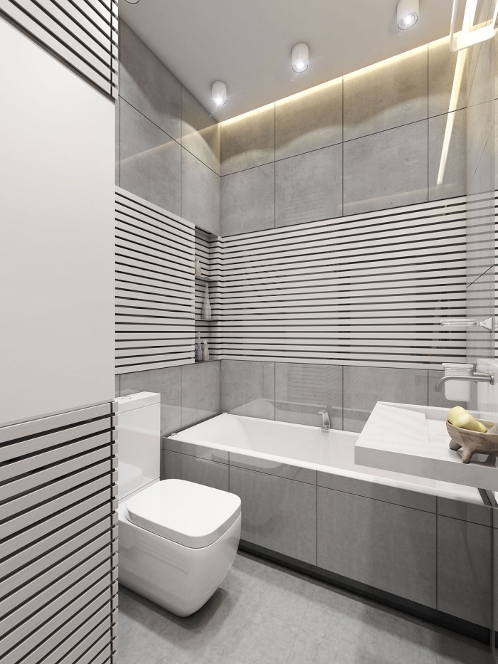 modèle salle de bain gris et blanc avec plafond suspendu et panneaux d habillage pour rénover sa salle de bains à niches pour accessoires