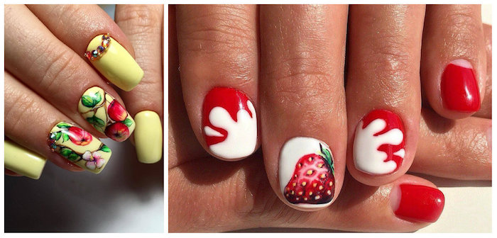 Motif ongle french, manucure couleur, modele ongle nail art, décoration pour gel ongle, jaune ongle gel avec dessin d'arbre de pomme et une image nail art rouge avec dessin de fraise 