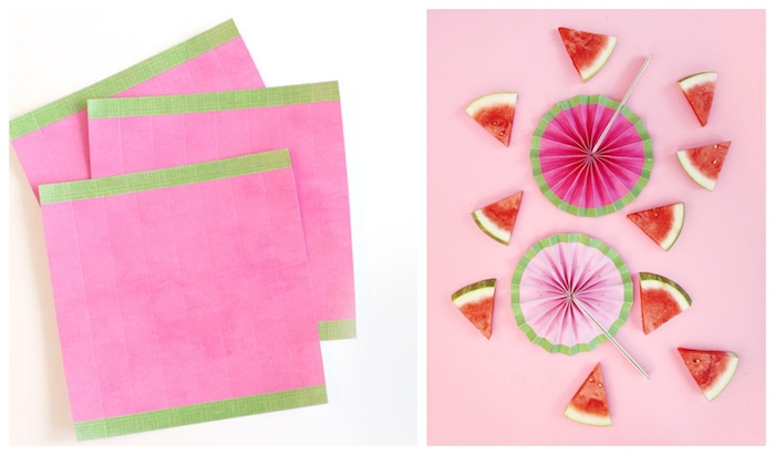 fabriquer un éventail soi meme en papier rose décoré de washi tape vert et touches de peinture noires, batonnets de bois pour plier