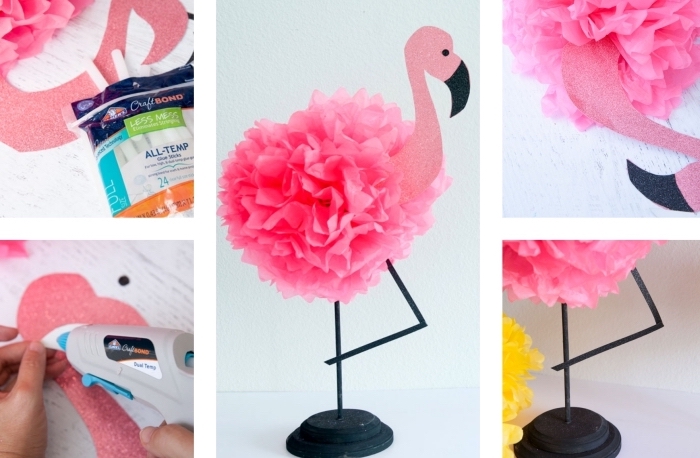 activités manuelles enfants, figurine décorative en papier crépon et plastique à design flamant rose, objet déco chambre ado DIY