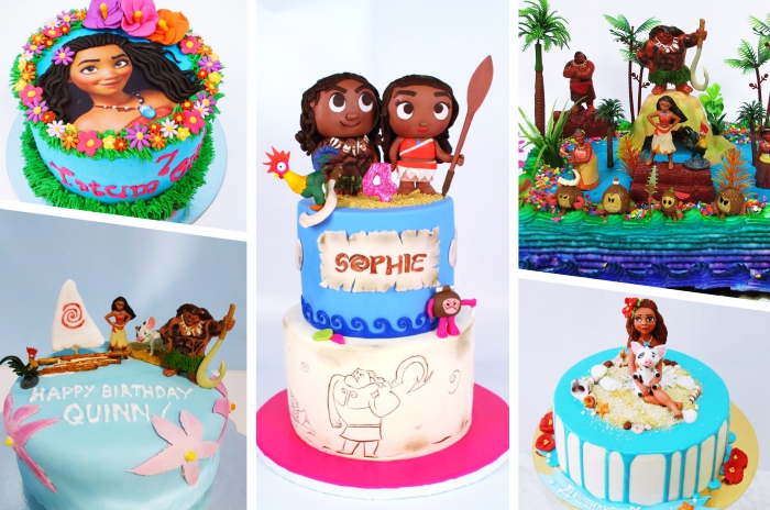plusieurs modèles de deco anniversaire vaiana, modèles de gâteau sur le thème princesse Vaiana et Maui du dessin animé de Disney