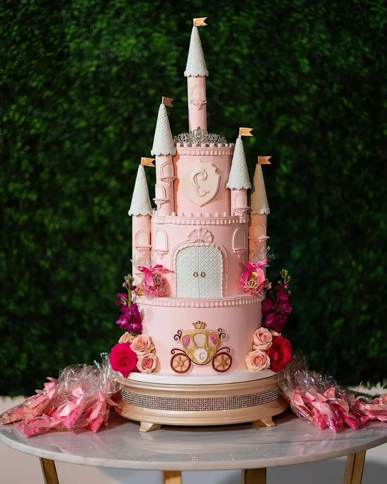 gateau baby shower fille princesse chateau plateau fleurs roses