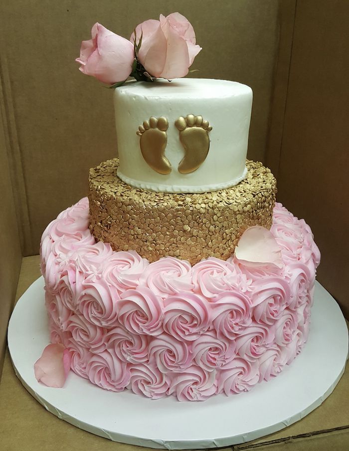 Gateau baby shower fille gâteau baby shower gateau bapteme décoration roses de crème rose réel en top trois étages 