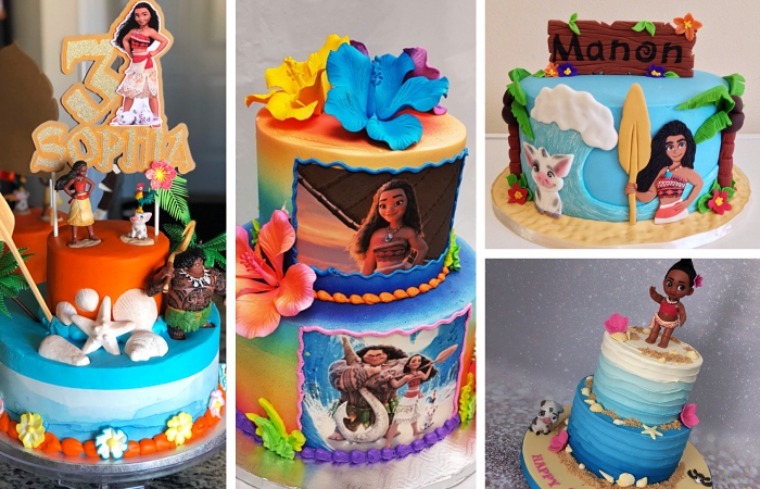 modèles de gateau au chocolat anniversaire sur le thème de Disney à design Vaiana et Maui, déco gâteau design arc en ciel