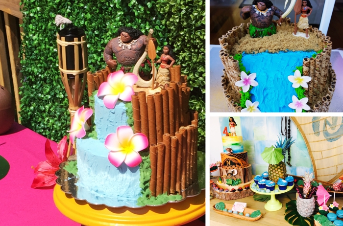variantes pour gateau d anniversaire fille sur le thème dessin animé Vaiana, gâteau deux étages à design cascade avec figurine des personnages vaiana