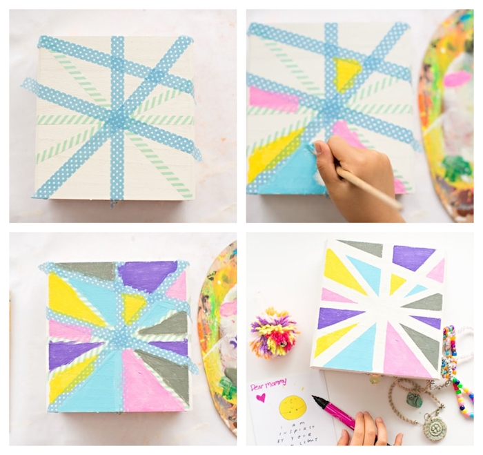 boîte à bijoux diy décorée de triangles colorés en peinture réalisés à l'aide de washi tape, cadeau meilleure amie et soeur