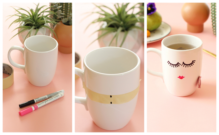 comment customiser un mug blanc d un dessin fille des yeux avec des cils et lèvres, cadeau a fabriquer pour sa meilleure amie