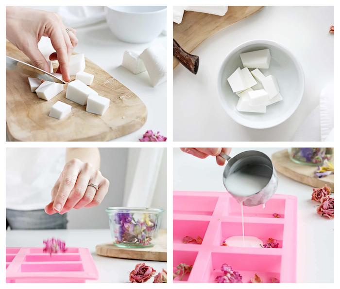 fabriquer son savon à l aide bricolage simple avec savon au lait de chèvre et de pétales de rose séchées