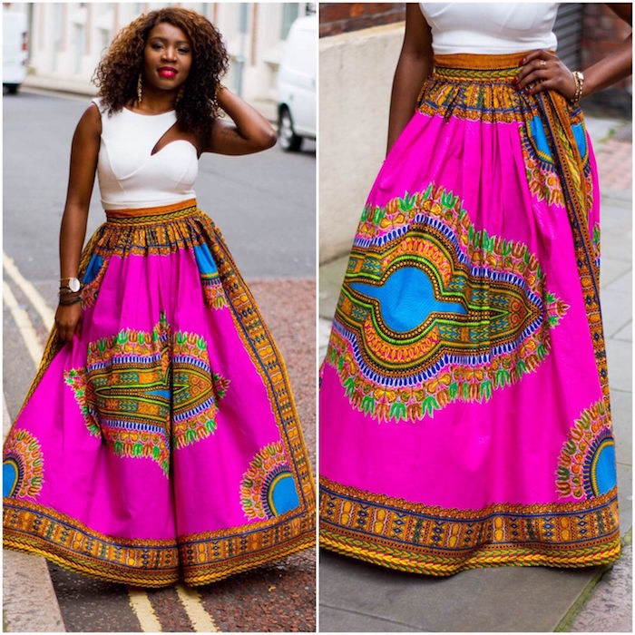 jupe motif ethnique africain afrique inde rose et or coupe ample et longue en pagne