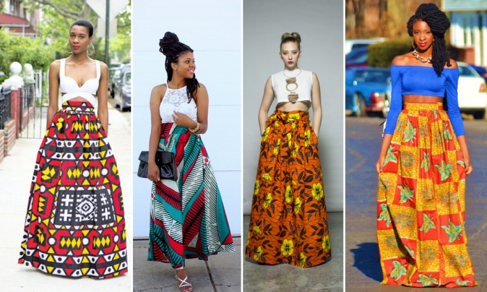 comment porter le vetement africain femme en été d'une manière chic et stylée, idées de looks en jupe maxi ethnique en imprimés wax colorés