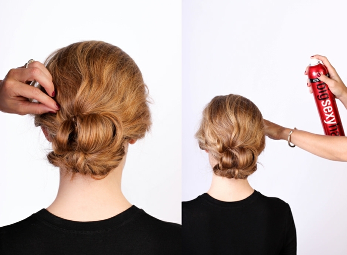 comment faire un chignon décoiffé sur cheveux longs, modele chignon de deux ponytails