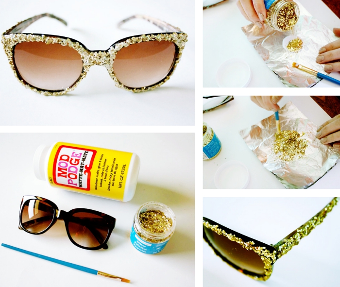 idée activité manuelle facile pour personnaliser ses accessoires, modèle de lunettes de soleil avec déco en paillettes dorées