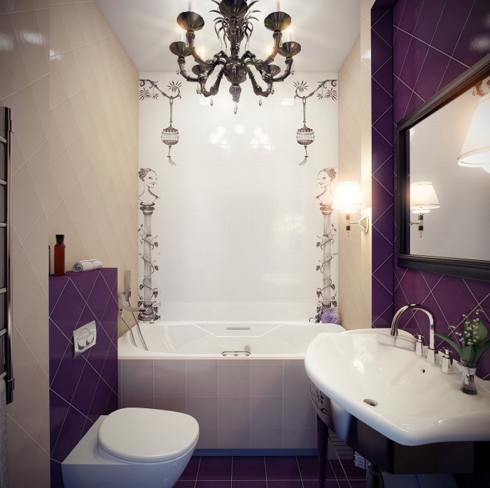 quelle couleur pour aménager une petite salle de bain moderne avec carrelage beige et pan de mur en carrelage violet